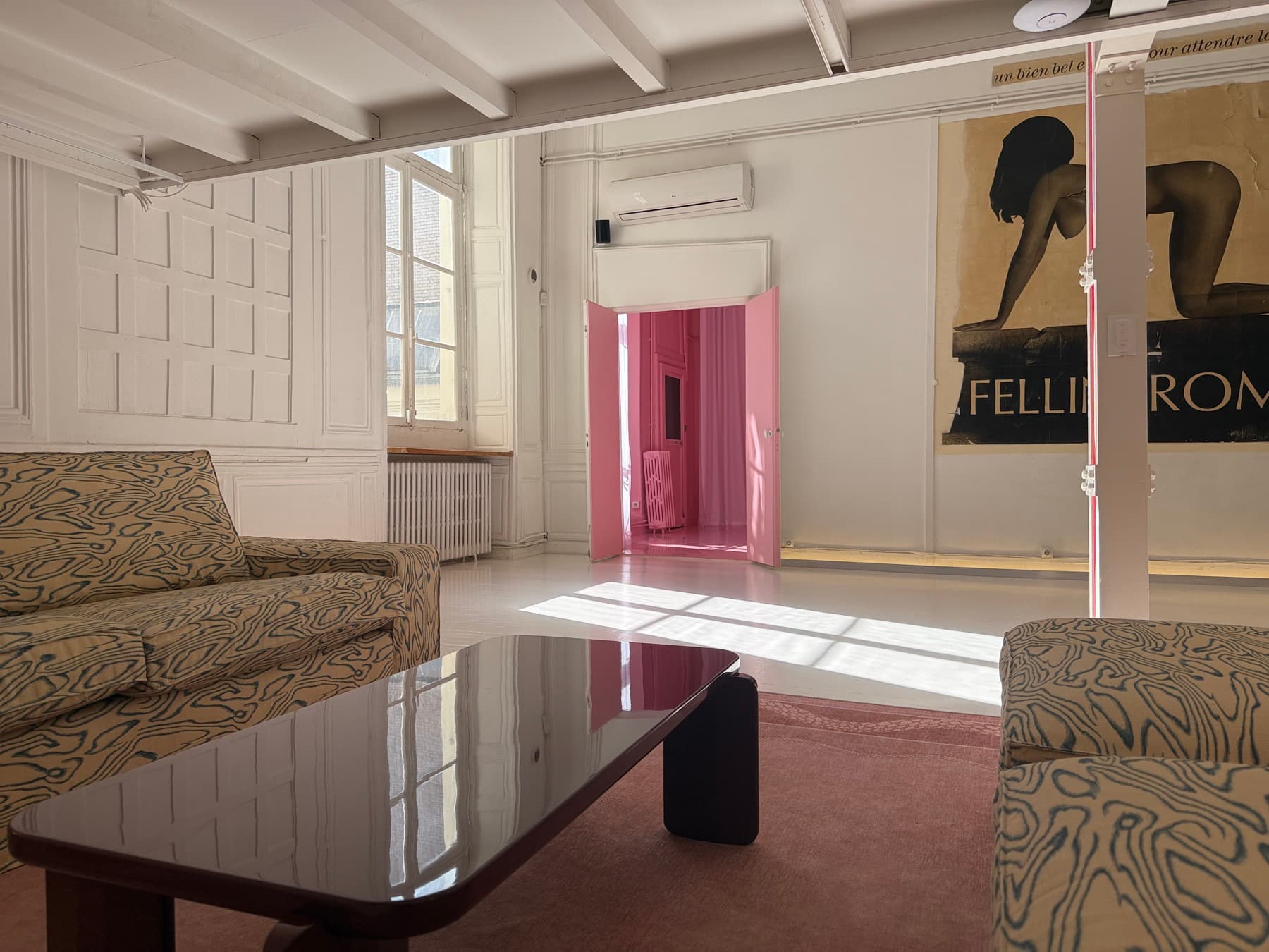 Lounge view with Fellini Roma poster, designer sofas and pink door in background