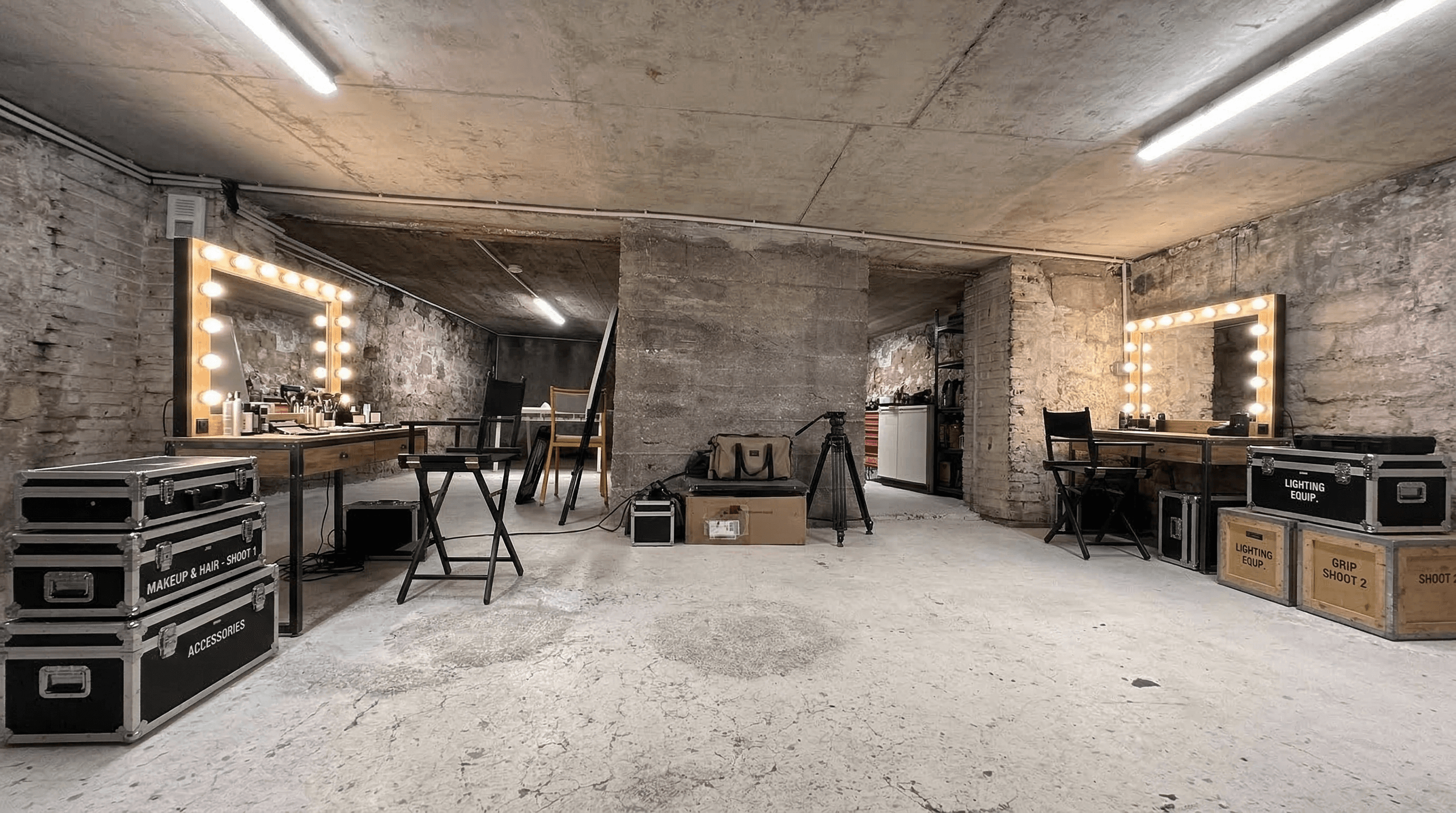 Espace backstage avec postes maquillage et flight cases